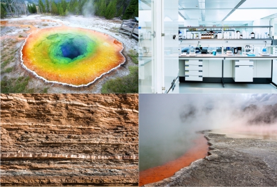 photo of hot springs, a clean lab, and layered rocks representing the breadth of biogeosciences