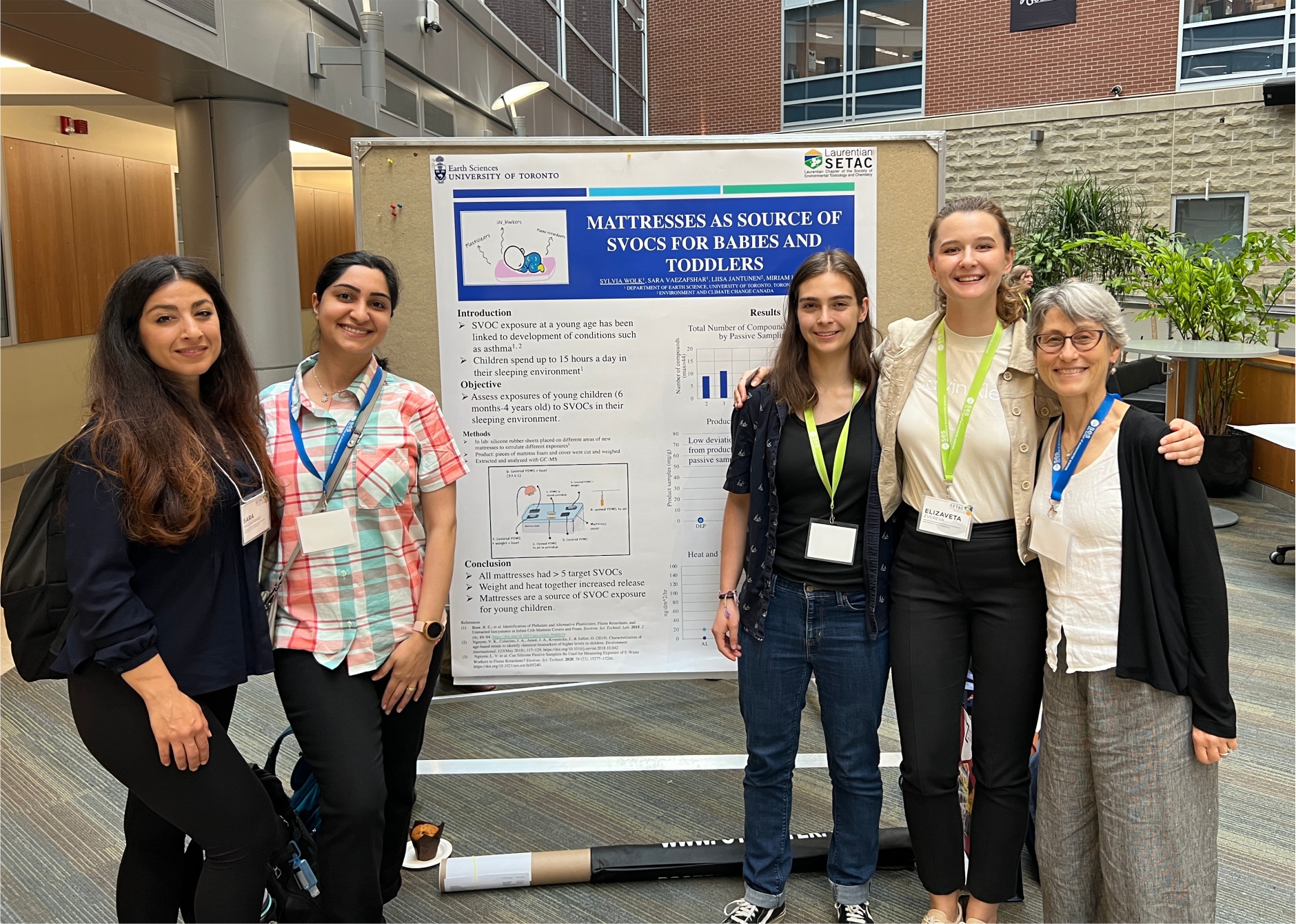 Members of the Diamond Lab posing beside a research poster during the Society of Environmental Toxicology and Chemistry (SETAC) Laurentian conference