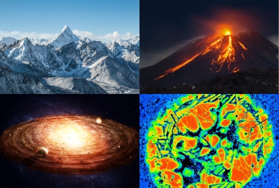 a photo of the Himalayas, an erupting volcano, a solar system, and a microscopic section of a meteorite showing the breadth of earth and planetary materials
