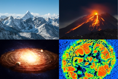a photo of the Himalayas, an erupting volcano, a solar system, and a microscopic section of a meteorite showing the breadth of earth and planetary materials