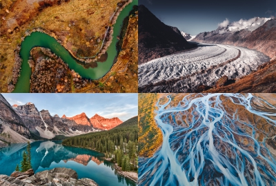 a photo of a meandering river, a moraine, a lake, and a braided river showing the breadth of earth surface processes