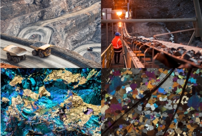 a photo of an open pit mine, a conveyor belt, ore minerals, and a thin section showing the breadth of economic geology