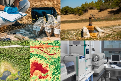 a photo of soil samples, a groundwater well, remote sensing, and scientific equipment showing the breadth of environmental sciences