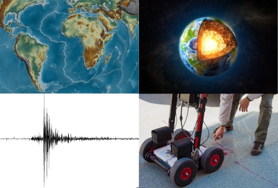 a photo of the south Atlantic highlighting tectonic plate boundaries, layers of the earth, a seismograph, and a ground penetrating radar equipment showing the breadth of geophysics and tectonics