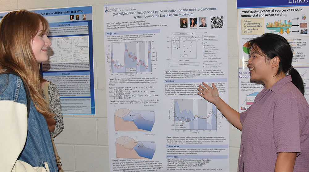 an undergraduate student discussing their research poster