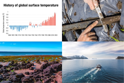 a photo of a temperature anomaly graph, sediment core, a beach, and a ship sailing to represent the breadth of paleoceanography and paleoclimatology