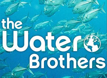 the water brothers logo in front of a scene of fish swimming in blue water