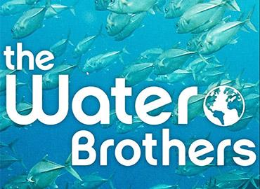 the water brothers logo in front of a scene of fish swimming in blue water